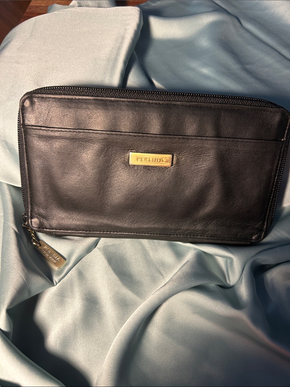 Perlina Black Leather Zip-Around Wallet with Gold Plaque